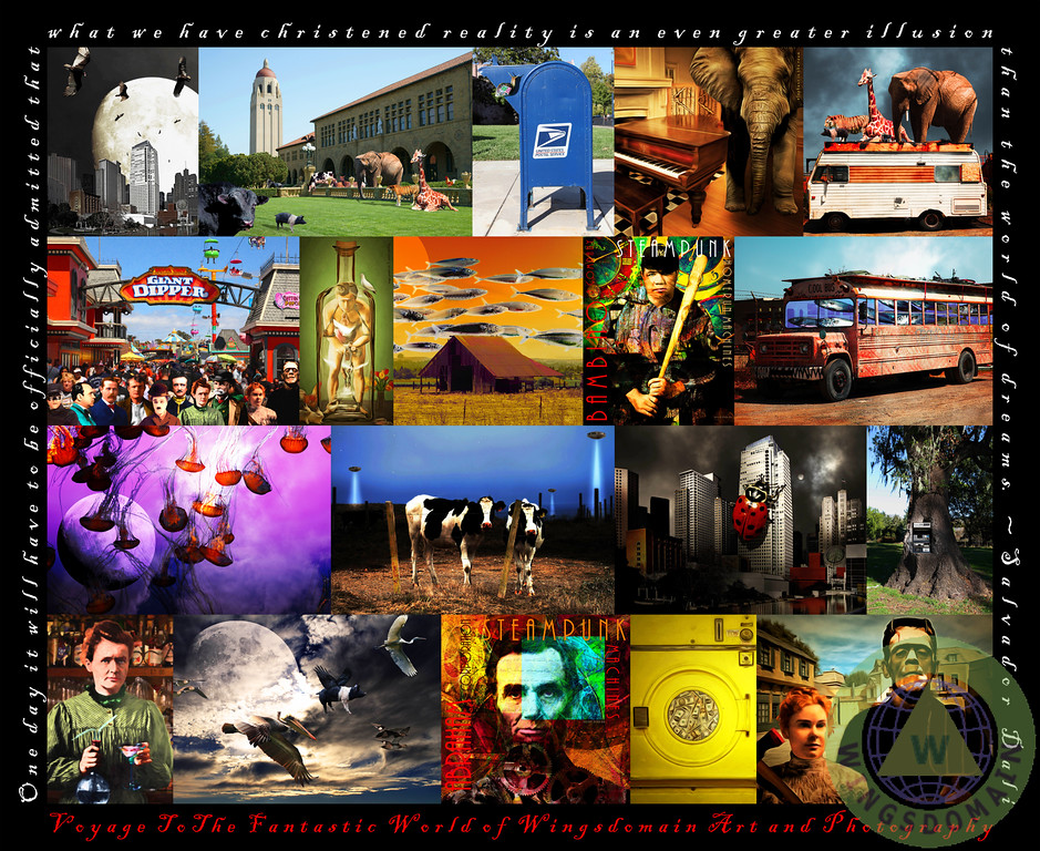 about wingsdomain,whimsical,surreal,surrealism,pop,pop art,salvador dali,andy warhol,steampunk,people,celebrity,fun,funny,humor,satire,allegory,irony,ironic,fantasy,fantastic,eclectic,eccentric,creative,creativity,imaginative,imagination,dream,bright,colorful,cheerful,animal,postal,stanford,elephant,flying pig,santa cruz,harry houdini,houdini,babe ruth,cow,science,einstein,frankenstein,edgar allan poe,poe,raven,abraham lincoln,collage,and,text,word,words,wing tong,wingsdomain